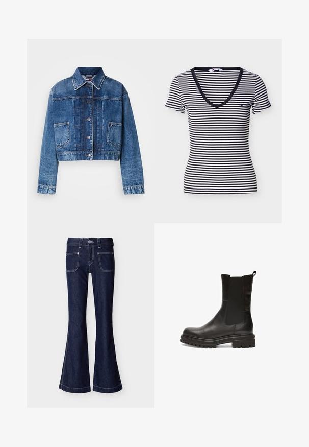 Blå denim cropped jakke med knaplukning, spidse krave, to frontlommer og kontrasterende syninger.; Sort og hvidt vandret stribet T-shirt med korte ærmer, V-hals og lille logo på venstre bryst.; Mørkeblå vidde jeans med forreste påsyede lommer, kontrastfulde hvide sømme, bæltestropper og en metalknaplukning ved linningen.; Sorte læderankelstøvler med elastiske sidepaneler, afrundet tå og en tyk, tekstureret gummisål med dybe riller for ekstra greb.