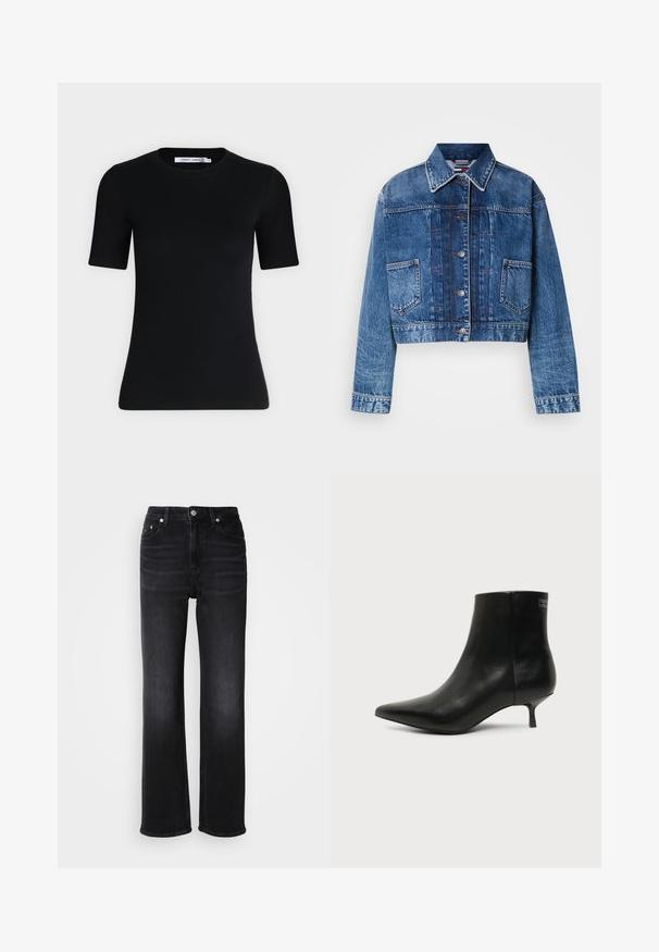 Veste cropped en denim bleu avec fermeture à boutons, col pointu, deux poches avant et détails de couture contrastés.; T-shirt noir ajusté à manches courtes avec un col rond et une étiquette à l'intérieur du col sur un fond clair uni.; Jean en denim noir avec un design à jambe droite. Dispose d'une taille haute, de cinq poches et d'une fermeture à bouton en métal. Texture légèrement délavée.; Bottine en cuir noir avec bout pointu et petit talon kitten sur fond clair, vue côté extérieur.