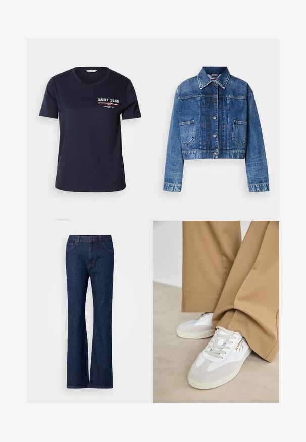 Chaqueta de mezclilla azul recortada con cierre de botón, cuello puntiagudo, dos bolsillos frontales y detalles de costura en contraste.; Camiseta de algodón azul marino con escote en V y mangas cortas, que presenta el texto del logo en blanco y rojo "GANT 1949" y detalles de diseño en el lado izquierdo del pecho.; Jeans de mezclilla azul acampanados con cintura alta, que cuentan con una textura suave, cierre de botón metálico y diseño de cinco bolsillos.; Zapatillas blancas con detalles de ante, cordones texturizados y suela de goma. Combinadas con un pantalón suelto en tono marrón claro. Logo exhibido en el lateral.