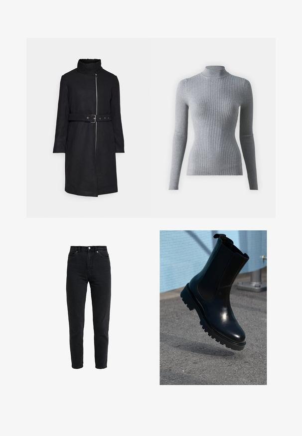 Vero Moda VMDENVERFEBE LONG COAT - Klassisk frakke - black; Grå ribbet turtleneck sweater med lange ærmer, lavet af strikket stof. Har en tætsiddende design og en høj krave for ekstra varme.; High-waist sort denim jeans med forreste knap og lynlås, to forlommer og en tilspidset ben foran på en hvid baggrund.; Sort ankelstøvle i læder med elastiske sidepaneler, rund tå og en tyk, tekstureret sål. Glat finish med et minimalistisk design.