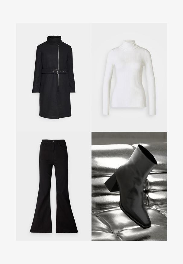 Vero Moda VMDENVERFEBE LONG COAT - Klassischer Mantel - black; Weißer gerippter Rollkragenpullover mit langen Ärmeln, der ein tailliertes Design und eine weiche Textur aufweist. Flacher Kragen und nahtloser Look.; Schwarze weite Jeans aus Denim, mit hoher Taille, Fronttaschen und einer großen Öffnung am Hosenbund für eineweite Beinform.; Schwarzer Knöchelstiefel aus glänzendem Material mit quadratischer Zehenform und verjüngtem Absatz, vor einem glänzenden silbernen gepolsterten Hintergrund.