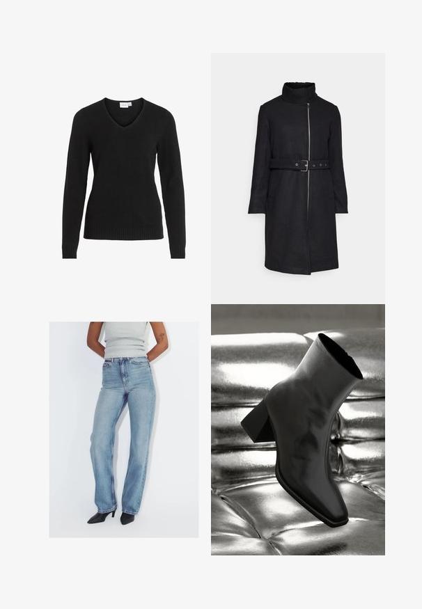 Vero Moda VMDENVERFEBE LONG COAT - Abrigo clásico - black; Sudadera negra de cuello en V, hecha de un tejido suave, con mangas largas, dobladillo y puños acanalados, y un diseño simple y clásico.; Persona vistiendo jeans rectos de talle alto en azul claro, top gris sin mangas, tacones negros de punta, de pie con las manos detrás de la espalda.; Botín negro de tobillo hecho de material brillante, con punta cuadrada y tacón cónico, contra un fondo plateado brillante con almohadillado.
