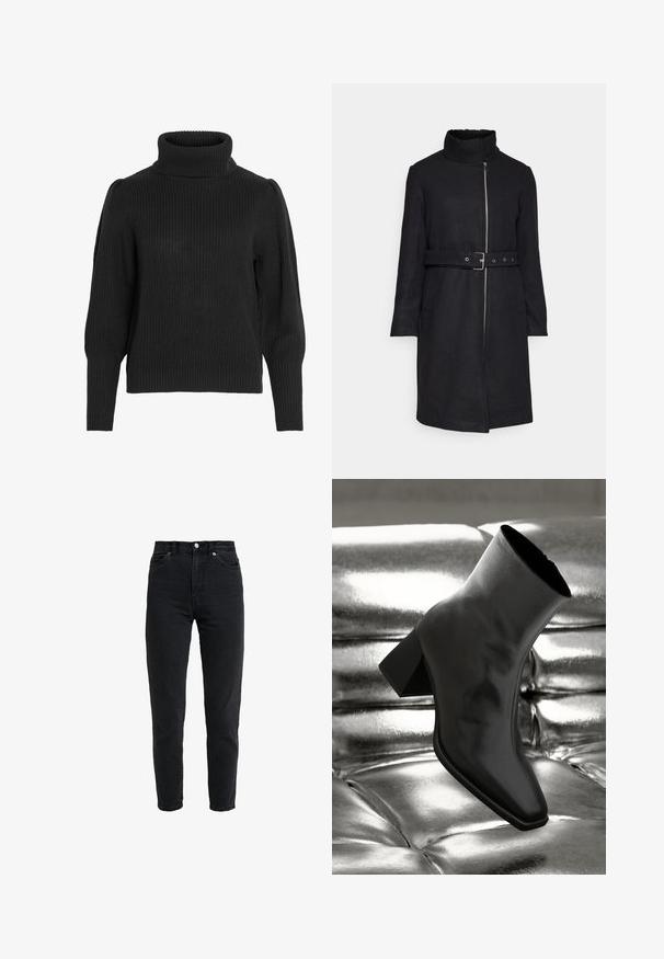 Vero Moda VMDENVERFEBE LONG COAT - Abrigo clásico - black; Suéter de punto negro con un cuello alto acanalado. Presenta hombros caídos y puños acanalados en las mangas largas, tejido texturizado.; Vaqueros de mezclilla negra de cintura alta con botón y cremallera delanteros, dos bolsillos delanteros y pierna estrecha sobre fondo blanco.; Botín negro de tobillo hecho de material brillante, con punta cuadrada y tacón cónico, contra un fondo plateado brillante con almohadillado.
