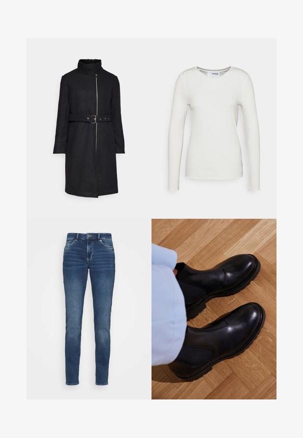 Vero Moda VMDENVERFEBE LONG COAT - Abrigo clásico - black; Camiseta ajustada de manga larga blanca de canalé con un escote redondo, que presenta detalles de dobladillo sin rematar y una silueta ceñida. Fabricada con un tejido suave.; Jeans de mezclilla azul oscuro con un diseño ajustado, cinco bolsillos, desvanecimiento ligero en la parte frontal y herrajes metálicos en la cintura y los bolsillos.; Botas negras de tobillo hechas de cuero suave con paneles laterales elásticos, una suela de goma texturizada y costuras en contraste a lo largo del borde.