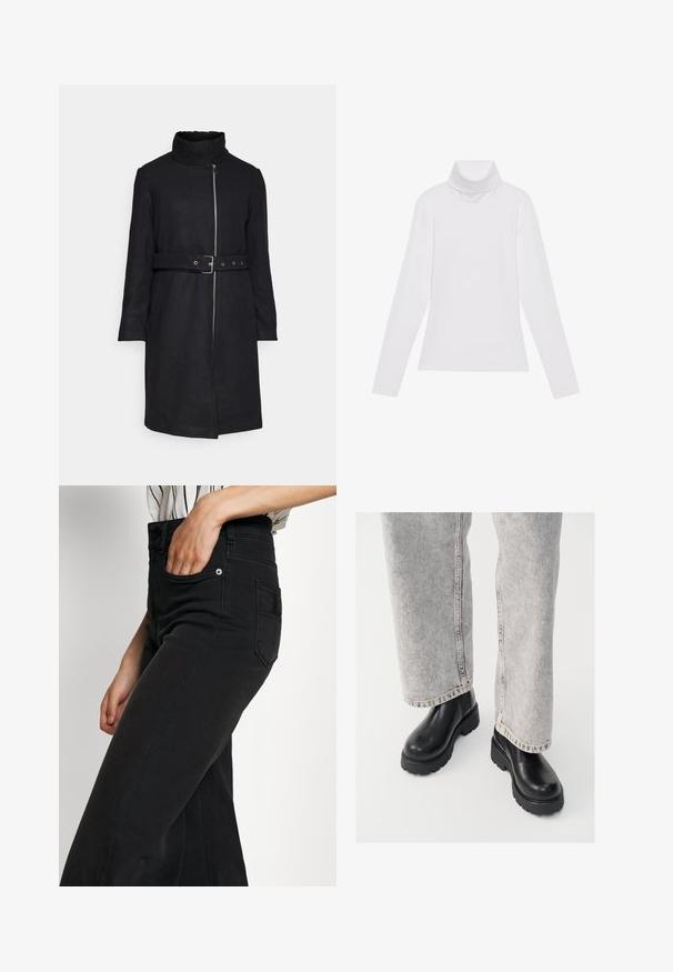 Vero Moda VMDENVERFEBE LONG COAT - Klasický kabát - black; Biely dlhý rukáv v štýle roláka vyrobený z hladkej, elastickej tkaniny. Má vysoký golier a priliehavý strih, bez viditeľných vzorov alebo ozdôb.; Čierne široké rifle z denimu s vysokým pásom, prednými vreckami a zadným nášivkovým vreckom. Hladká textúra s minimálnymi švovými detailmi.; Vagabond COSMO - Členkové čižmy na platforme - black