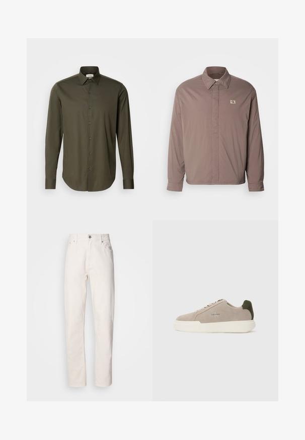 Chemise légère à manches longues de couleur taupe sobre, avec un col boutonné et un petit logo beige sur la poitrine gauche. Texture lisse.; Calvin Klein SLIM - Chemise - forest; Jeans en denim blanc à jambe droite, avec fermeture à bouton et à fermeture éclair, passants de ceinture, et poches avant et arrière, présentés sur fond uni.; Baskets en suède beige avec une semelle en caoutchouc blanche, présentant un accent de talon vert foncé et une branding subtile sur le côté.