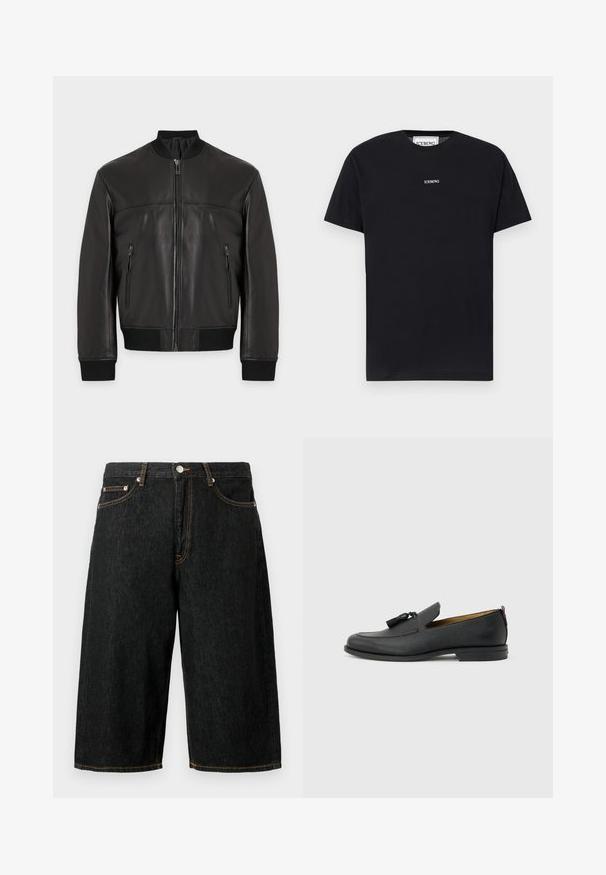 Blouson bomber en cuir noir avec fermeture éclair devant et deux poches zippées, col, poignets et taille côtelés.; T-shirt noir à manches courtes avec col rond, petit logo blanc "ICEBERG" centré sur la poitrine sur un fond uni.; Shorts en denim noir jusqu'au genou avec poches avant, passants pour ceinture, fermeture par bouton et surpiqûres contrastantes jaunes.; Mocassin pour homme en cuir noir avec pompons, bout arrondi, petit talon et languette à l'arrière, présenté de profil sur un fond gris clair.