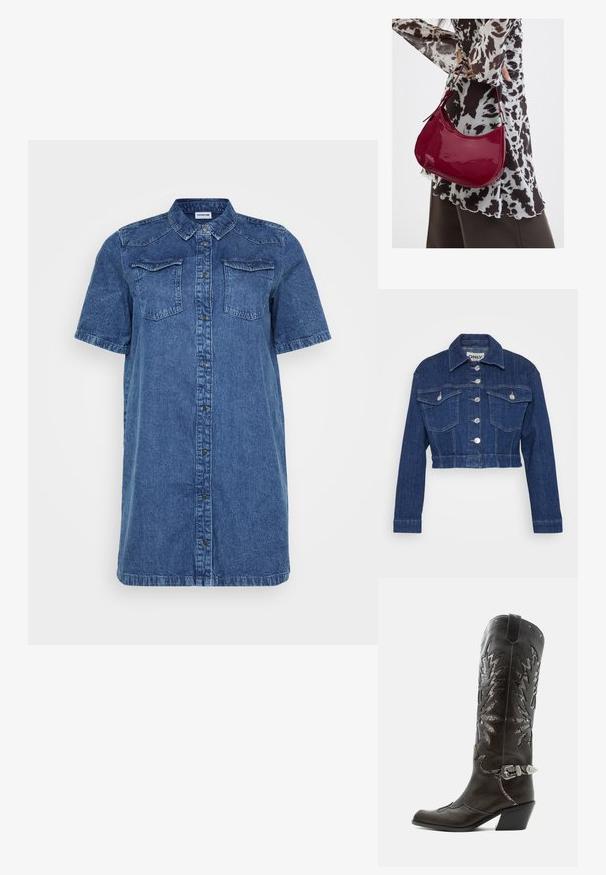 Afskåret denimjakke i mørkeblå, med krave, sølv hardware, to brystlommer og knaplukning foran.; Denim skjortekjole i mørkeblå, med korte ærmer, to brystlommer, knaplukning foran og lige snit.; Sort læder cowboystøvle med dekorative udskæringer, sølvspænde og skrå hæl, vist på hvid baggrund.; Kvinde iført en sort- og hvidmønstret bluse, der holder en blank rød skuldertaske mod en ensfarvet baggrund.