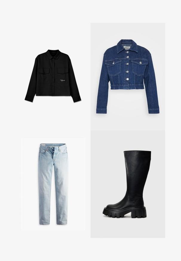 Afskåret denimjakke i mørkeblå, med krave, sølv hardware, to brystlommer og knaplukning foran.; Sort cropped skjorte med spidse krave, dobbelt brystlommer, knaplukning foran og broderet logo på venstre side. Glat stoftekstur.; Lyseblå denimjeans med lige ben, fem lommer og metal-knapper i en standard livvidde.; Sorte knæhøje støvler lavet af glat læder med en kraftig sål, der har en rund tå, elastiske sidepaneler og en subtil syning.