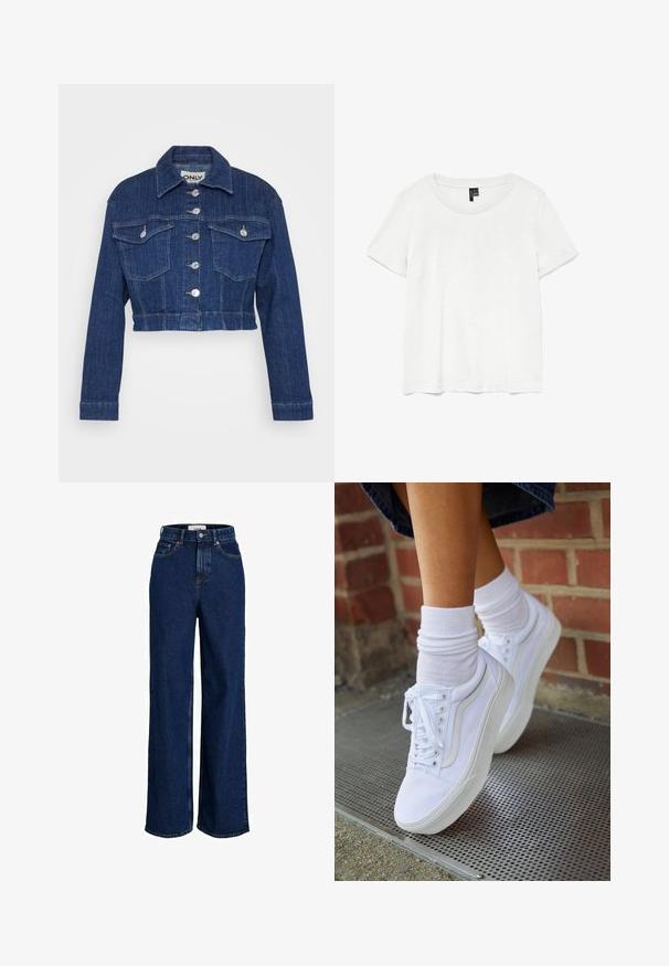 Abgestutzte Jeansjacke in Dunkelblau mit Kragen, silbernem Zubehör, zwei Brusttaschen und Knopfverschluss an der Vorderseite.; Weißes T-Shirt mit kurzen Ärmeln und rundem Ausschnitt, hergestellt aus leichtem Stoff. Schlichtes Design, glatte Textur und gerader Saum.; Dunkelblaue, hoch taillierte Jeans mit weitem Bein, vorderen Taschen, Gürtelschlaufen, Knopfverschluss und sichtbaren Nahtdetails.; Weiße Leinensneaker mit Gummisohlen, ausgestattet mit sechs Ösen, runder Zehenpartie und dezenten Nähten, kombiniert mit weißen Knöchelsocken.