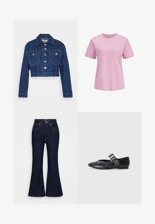Abgestutzte Jeansjacke in Dunkelblau mit Kragen, silbernem Zubehör, zwei Brusttaschen und Knopfverschluss an der Vorderseite.; Schlichtes hellrosa T-Shirt mit kurzen Ärmeln und Rundhalsausschnitt aus weichem Baumwollstoff mit regulärer Passform.; Dunkelblaue, hochtaillierte Denim-Jeans mit ausgestellten Beinen, Knopf- und Reißverschluss vorne sowie kontrastierendem orangefarbenem Nähen.; Schwarze Leder-Ballerinas mit spitzem Fuß, verstellbarem Riemen mit silberner Schnalle und niedrigem Absatz für zusätzlichen Komfort.