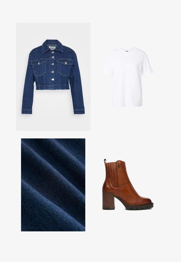 Afskåret denimjakke i mørkeblå, med krave, sølv hardware, to brystlommer og knaplukning foran.; Enkelt hvid t-shirt med korte ærmer og rund hals, afslappet pasform og lille label inde i kraven.; Mørkeblå denimstof med en glat tekstur, der har synlige diagonale vævemønstre og subtile variationer i farve og glans.; Brun læderankelstøvle med chunky stablet hæl, rillede sorte såler, lodret syning og en træksnor bagpå.