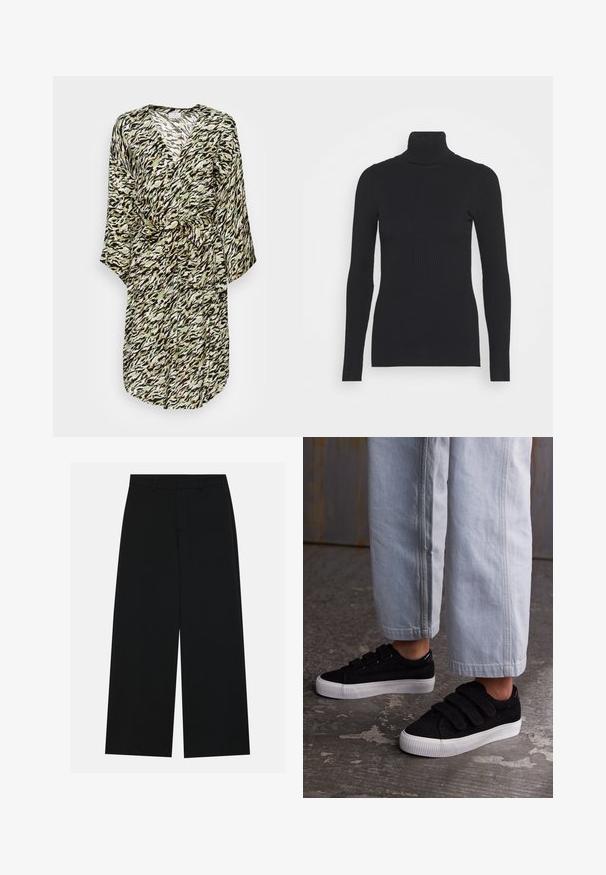 Robe longue à enrouler présentant un motif en zigzag noir, beige et vert. Fabriquée en tissu léger, avec une ceinture à nouer et un décolleté en V.; Pull noir à col roulé côtelé, doté de longues manches et d'une silhouette près du corps. La texture est lisse avec un motif de côtes horizontal.; Pantalons noirs à jambe large en tissu lisse. Dotés d'une taille plate avec passants de ceinture et sans poches visibles. Design simple.; Baskets en velours côtelé noir avec trois bandes Velcro et un dessus texturé. Semelle en caoutchouc blanc à profil bas. Portées avec un pantalon cropped bleu clair.