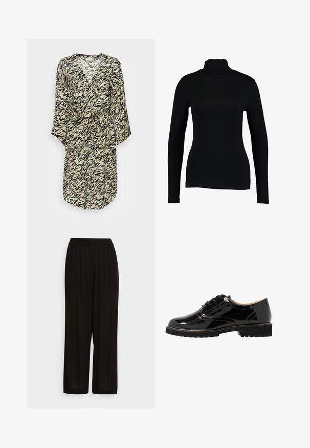 Robe longue à enrouler présentant un motif en zigzag noir, beige et vert. Fabriquée en tissu léger, avec une ceinture à nouer et un décolleté en V.; T-shirt noir à manches longues et col roulé en tissu lisse, avec une coupe ajustée et un col haut, idéal pour les superpositions ou à porter seul.; Pantalons larges noirs en tissu doux et léger. Dotés d'une taille élastique et de plis subtils, offrant un ajustement décontracté.; Chaussures à lacets en cuir verni noir avec un bout rond, des détails en brogue, une semelle en caoutchouc et une finition texturée. Accentué par de petits œillets.