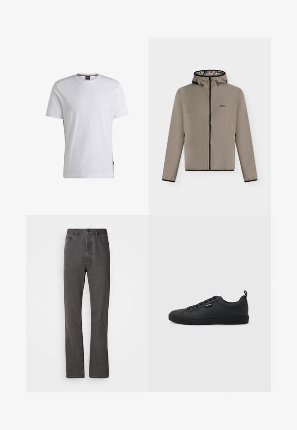 Taupe hættetrøje med sort lynlås og BOSS-logo på venstre bryst, med lange ærmer og sort kant ved manchetter og kant.; Hvid T-shirt med korte ærmer lavet af bomuld. Har en rund hals og et diskret mærke på siden. Glat tekstur og enkelt design.; Grå denim jeans med lige ben-design, der har forlommer, knaplukning og subtil tekstur.; Sort lavtop sneakers med snørelukning, flad sål og lille "HUGO"-mærke på siden, vist i profil mod en lys baggrund.