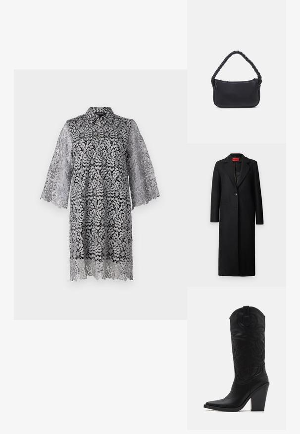 Abrigo negro con solapa de muesca, cierre de un solo botón, dos bolsillos frontales y textura suave, diseñado con un corte ajustado.; Vestido de encaje gris con un cuello, mangas tres cuartos y patrones florales. La tela tiene una textura delicada y transparente con detalles intrincados.; Simmi London DANIQUE - Botas de tacón - black; Bolso negro de forma redondeada, hecho de material liso. Presenta un asa trenzada y un cierre de cremallera para un almacenamiento seguro.
