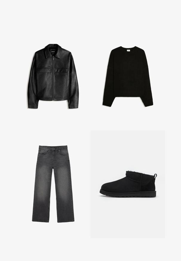 Schwarze Jacke aus Kunstleder mit Kragen, Frontreißverschluss und zwei Brustklappentaschen, präsentiert vor weißem Hintergrund.; Schwarzer langärmliger Strickpullover mit gerippten Bündchen, Saum und Rundhalsausschnitt, flach auf weißem Hintergrund liegend.; Schwarze verblasste Jeans mit weitem Bein, fünf Taschen, Knopfverschluss und Gürtelschlaufen, auf weißem Hintergrund präsentiert.; Schwarze Wildleder-Stiefeletten mit einem weichen, strukturierten Innenfutter, einer flachen Gummisohle und einer Zugschlaufe auf der Rückseite für ein einfaches Anziehen.