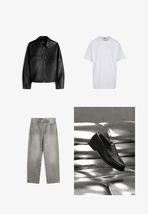 Veste en similicuir noir avec col, fermeture éclair à l'avant et deux poches à rabat sur la poitrine, présentée sur un fond blanc.; T-shirt blanc uni en coton à manches courtes avec col rond et étiquette de taille et de marque visible à l'intérieur du col.; Pantalons en denim gris avec une coupe droite, dotés de poches avant, d'une fermeture à bouton et d'une texture légèrement décolorée.; Mocassin en cuir noir flottant au-dessus d'un canapé en cuir argenté brillant matelassé à boutons dans un décor minimaliste.