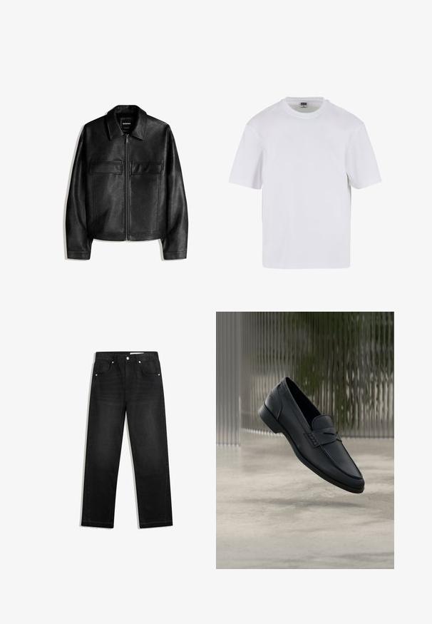 Schwarze Jacke aus Kunstleder mit Kragen, Frontreißverschluss und zwei Brustklappentaschen, präsentiert vor weißem Hintergrund.; Weißes T-Shirt mit kurzen Ärmeln aus Baumwolle. Besitzt einen Rundhalsausschnitt und eine lockere Passform. Glatte Textur, minimalistisches Design, ohne Muster oder Akzente.; Schwarze Denim-Jeans mit geradem Bein, fünf Tasche-Design, kontrastierenden Beschlägen und rohem Saumdetail am unteren Ende.; Schwarzer Lederloafer mit glatter Oberfläche, spitzer Zehenpartie und gestickten Details über dem Spann. Niedriger Absatz und minimalistisches Design.