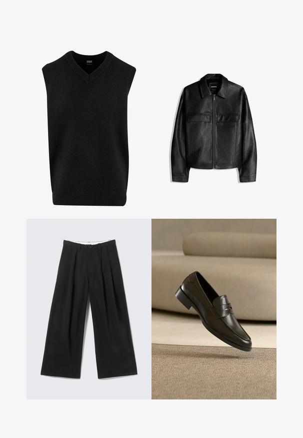 Veste en similicuir noir avec col, fermeture éclair à l'avant et deux poches à rabat sur la poitrine, présentée sur un fond blanc.; Pull noir sans manches avec un col en V, fabriqué dans un matériau doux, présentant un col et un ourlet inférieur côtelés. Design simple et classique.; Pantalon noir à jambes larges avec plis, passants pour ceinture et fermeture par bouton, présenté sur un fond gris clair.; Mocassin en cuir noir flottant au-dessus d'un tapis beige avec un canapé beige en arrière-plan, mettant en valeur le design classique pour hommes sans lacets.