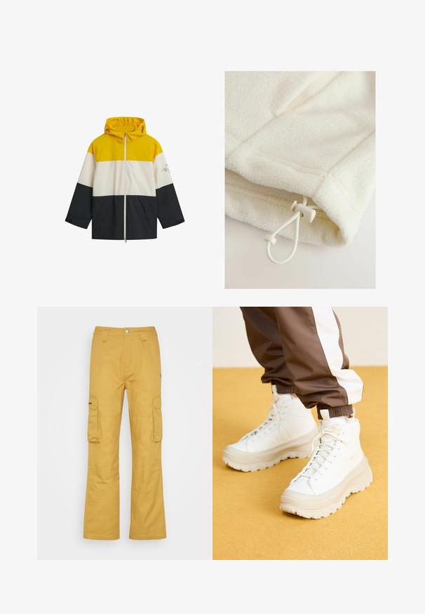 Gul, hvid og marinefarvet farveblokket jakke med hætte, front lynlås, to sidelommer og "Nautical" grafisk detalje på ærmet.; Fleece-tøj i off-white med en blød tekstur, der har en toggle og snor til justering nederst.; Cargo bukser i en rig sennepsgul farve, lavet af et robust stof. Har to store sidelommer og et lige ben design.; Hvide højtop sneakers med en kraftig, tekstureret sål, der har en glat overdel, rund tå og tonede snørebånd, placeret mod en gul baggrund.