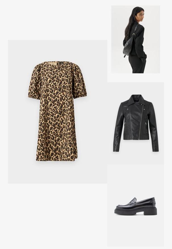 Chaqueta corta de cuero negro con cuello, diseño ajustado, detalles de costura y puños con cremallera. Textura suave, estilo clásico de motocicleta.; Vestido de estampado leopardo fabricado en tejido suave. Presenta un cuello redondo, mangas cortas abullonadas y una silueta en A. Los colores incluyen marrón claro y negro.; Mocasines de cuero negro con puntera redondeada, que presentan una suela de plataforma elevada y una simple correa decorativa en el empeine. Acabado suave.; Mujer con cabello largo y oscuro vestida con un traje negro, llevando un bolso de cuero negro al hombro, mirando por encima de su hombro contra un fondo blanco.