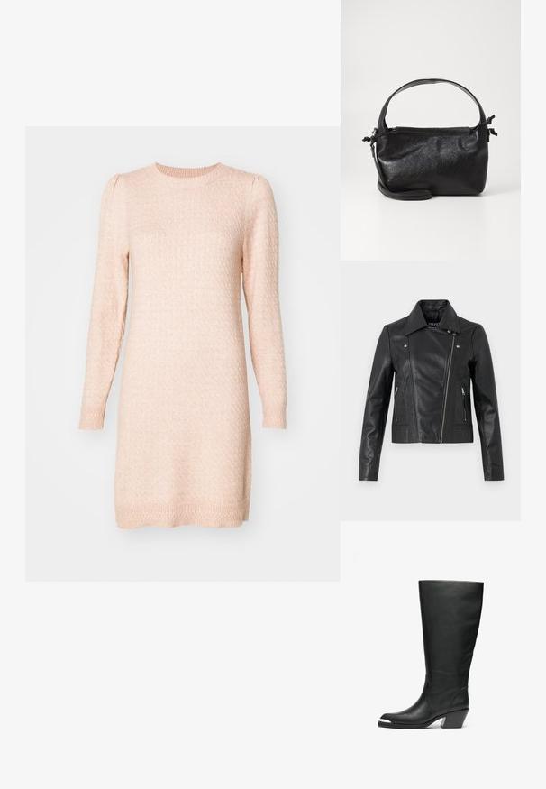 Sort læder cropped jakke med krave, tætsiddende design, syninger og lynlåse ved manchetterne. Glat tekstur, klassisk motorcykelstil.; Langærmet, rundhalset sweaterkjole i blød lyserød. Struktureret strik med subtile hævede mønstre, tætsiddende manchetter og lige silhuet.; Høje sorte læderstøvler med lukket tå og udskåret design. Har en kraftig hæl og en glat overflade. Bemærkelsesværdig detaljering på sidepanelet.; Sort læderhåndtaske med et struktureret design, rund tophåndtag og aftagelig skulderrem. Den har en glat tekstur og en subtil glans.