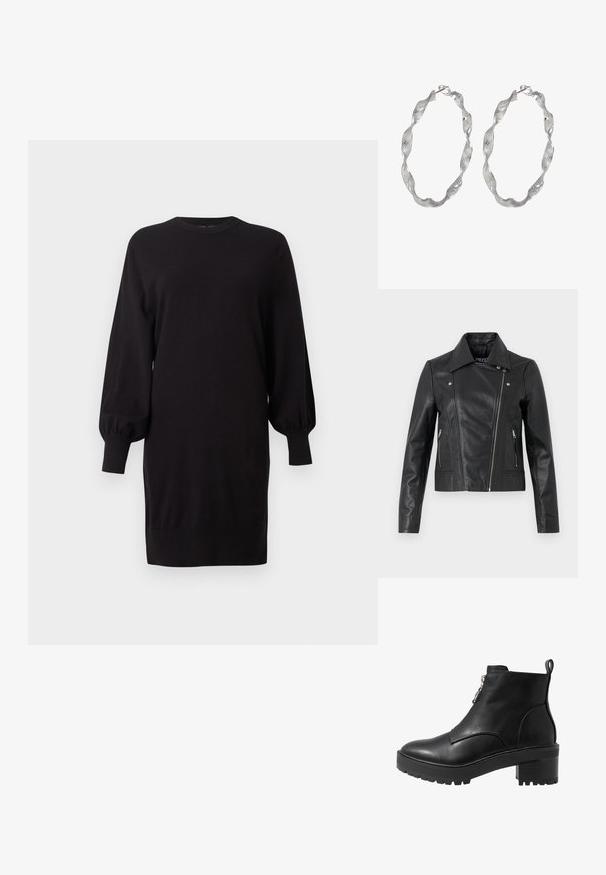 Sort læder cropped jakke med krave, tætsiddende design, syninger og lynlåse ved manchetterne. Glat tekstur, klassisk motorcykelstil.; Sort langærmet sweaterkjole med ballonærmer og ribstrikkede manchetter, rund halsudskæring og lige kant, vist på en ensfarvet baggrund.; Sort læder ankelstøvle med lynlåslukning på siden, kraftig sort hæl og en struktureret sål for godt greb. Glat overflade med minimalt udsmykning.; Sølv hoop øreringe med et snoet design, der har en tekstureret overflade og en sikker lås. Letvægts og reflekterende med en glat finish.