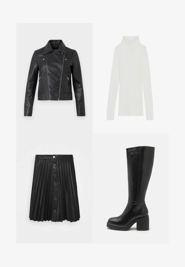 Zwarte leren cropped jas met een kraag, getailleerd ontwerp, naaddetails en ritsmanchetten. Gladde textuur, klassieke motorstijl.; Witte geribde turtleneck trui met lange mouwen, zachte textuur en een hoge rolkraag, met een aansluitend ontwerp en geen zichtbare sluitingen.; VILA VIAMINA BUTTON SKIRT - Minirok - black; Zign by Zalando LEATHER - Laarzen met hoge hak - black
