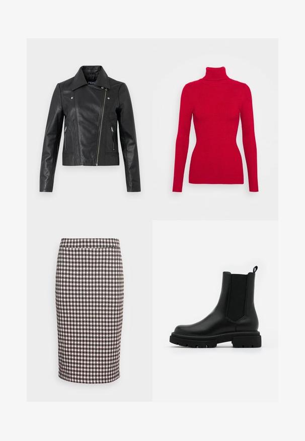 Sort læder cropped jakke med krave, tætsiddende design, syninger og lynlåse ved manchetterne. Glat tekstur, klassisk motorcykelstil.; Rød ribbet turtleneck sweater med lange ærmer, struktureret stof, tætsiddende silhuet og høj krave. Ingen synlige detaljer.; Højtaljet blyantskjørt med sort og lyserødt ternet mønster, knælængde med lige kant på hvid baggrund.; Sorte læder Chelsea-støvler har en glat overflade, elastiske sidetillæg, en løftestang og en kraftig gummisål med en tekstureret slidbane.