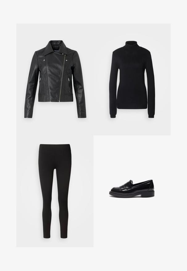 Sort læder cropped jakke med krave, tætsiddende design, syninger og lynlåse ved manchetterne. Glat tekstur, klassisk motorcykelstil.; Sort turtleneck sweater lavet af et blødt strikstof, med lange ærmer og en tætsiddende silhuet, der har ribbet krave og kant.; Sorte leggings lavet af strækbart stof med en sømløs talje, tætsiddende design og glat tekstur, velegnet til forskellige aktiviteter.; Sorte læder loafers med et slankt design, der har en rund tå, dekorativ frynse og en lav, struktureret gummisål.