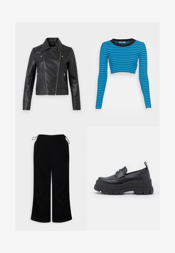 Sort læder cropped jakke med krave, tætsiddende design, syninger og lynlåse ved manchetterne. Glat tekstur, klassisk motorcykelstil.; Blå og sort stribet cropped sweater med lange ærmer, der har en ribbet tekstur og en rund halsudskæring.; BDG Urban Outfitters BALLOON - Bukser - black; Sort læderloafer med tyk rillede sål, mok tå syning, remdetalje over toppen og trækstrop på hælen, vist i sideprofil.