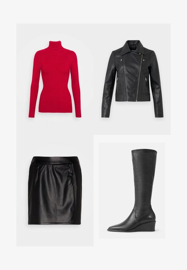 Chaqueta corta de cuero negro con cuello, diseño ajustado, detalles de costura y puños con cremallera. Textura suave, estilo clásico de motocicleta.; Suéter rojo de cuello alto con acanalado, mangas largas, tejido texturizado, silueta ajustada y cuello alto. Sin adornos visibles.; VILA VITALLA BUTTON SKIRT - Minifalda - black/silver; Botas de cuero negras hasta la rodilla con una textura suave, puntera afilada y tacón de cuña; presentan un borde cosido en la parte superior.