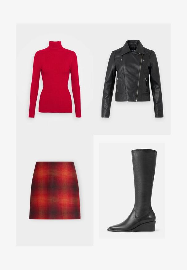 Veste cropped en cuir noir avec col, design ajusté, détails de couture et poignets zippés. Texture lisse, style classique de moto.; Pull en maille côtelée rouge avec un col roulé, des manches longues, un tissu texturé, une coupe ajustée et un col montant. Pas d'embellissements visibles.; Jupe trapèze à carreaux dégradés rouges et noirs avec des touches subtiles d'orange et une ceinture droite sur fond blanc.; Bottes en cuir noir hautes jusqu'aux genoux avec une texture lisse, bout pointu et talon compensé ; présentent un bord cousu en haut.