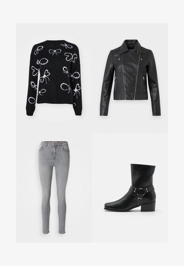 Veste cropped en cuir noir avec col, design ajusté, détails de couture et poignets zippés. Texture lisse, style classique de moto.; ONLY ONLLOUI BOW - Pullover - black/cloud dancer; Jean skinny en denim gris avec une texture lisse, taille haute, design à cinq poches et fermeture par bouton en métal à l'avant.; Bottine noire en cuir lisse avec un bout carré, une large sangle et un détail en matériel circulaire, ainsi qu'un talon empilé robuste.