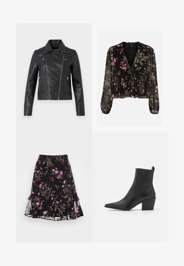Sort læder cropped jakke med krave, tætsiddende design, syninger og lynlåse ved manchetterne. Glat tekstur, klassisk motorcykelstil.; Sort gennemsigtig bluse med lange ærmer med pink og grønt blomsterprint, dyb V-udskæring, rynket krop og let puffede ærmer med elastiske manchetter.; Vero Moda VMROSA SMOCK SKIRT - Mini skirts - black/pink; RAID ROCCO - Cowboy- / bikerstøvlette - black
