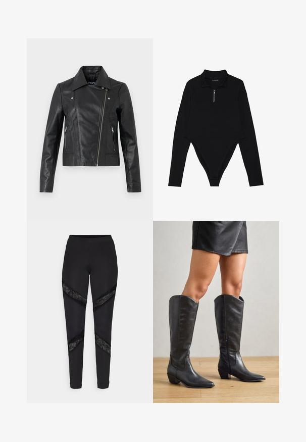 Schwarze Lederjacke im Cropped-Design mit Kragen, taillierter Passform, Nähdetails und Reißverschlussärmel. Glatte Textur, klassischer Motorradstil.; Schwarzer Langarm-Body mit hohem Kragen, halbem Reißverschluss und figurbetontem Design mit einem Tanga-Rücken. Glatte Stofftextur.; Schwarze Leggings mit dreieckigen Ausschnitten, die an den Seiten mit schwarzer Spitze akzentuiert sind. Sie bestehen aus einem dehnbaren Stoff mit passgenauer Passform.; Schwarze knielange Stiefel aus glattem Leder, mit spitzem Zehenbereich, niedrigem Blockabsatz und seitlichem Reißverschluss für ein einfaches Anziehen.