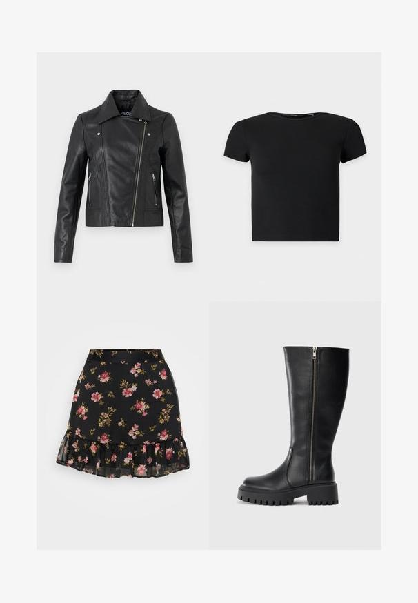 Sort læder cropped jakke med krave, tætsiddende design, syninger og lynlåse ved manchetterne. Glat tekstur, klassisk motorcykelstil.; Sort kortærmet ribbet crop top med rund halsudskæring, vist på en ensfarvet lys baggrund.; Sort blomster nederdel med en krøllet kant. Den har et mønster af lyserøde og gule blomster på et gennemsigtigt stof. Letvægts og tætsiddende design.; Sorte læderknæhøje støvler med lynlås i siden, tekstureret overflade, rund tå og kraftig gummisål med segmenteret mønster.