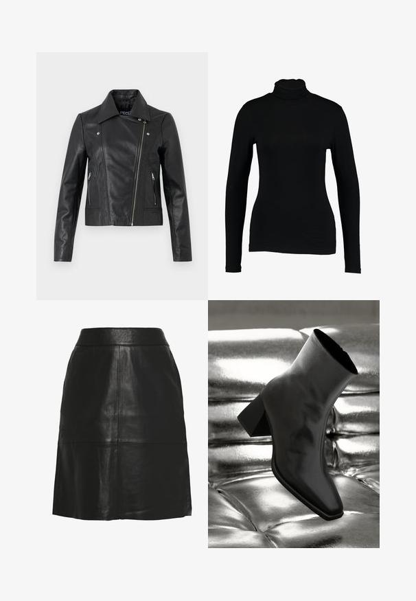 Zwarte leren cropped jas met een kraag, getailleerd ontwerp, naaddetails en ritsmanchetten. Gladde textuur, klassieke motorstijl.; Zwart lange mouw turtleneck top van gladde stof, met een aansluitend ontwerp en hoge hals, geschikt voor layering of als standalone kleding.; Zwarte A-lijn rok van imitatieleren met hoge taille en zichtbare naaddetails aan de voorkant en bij de zoom.; Zwarte enkellaarsjes van glanzend materiaal met een vierkante neus en taps toelopende hak, afgezet tegen een glanzende zilveren gecapitonneerde achtergrond.