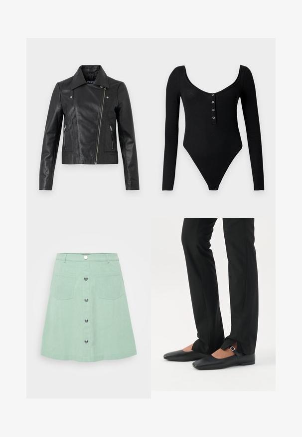 Sort læder cropped jakke med krave, tætsiddende design, syninger og lynlåse ved manchetterne. Glat tekstur, klassisk motorcykelstil.; Sort langærmet bodysuit lavet af ribbet materiale, med en rund halsudskæring og fem metalknapper foran.; Mintgrøn denimnederdel med knaplukning, to forlommer og en flared design. Struktureret stof med synlige syninger.; Ben iført sorte smalle bukser med forreste slidser ved kanten, parret med sorte flade Mary Jane-sko med lille spænde.