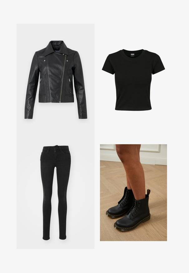 Veste cropped en cuir noir avec col, design ajusté, détails de couture et poignets zippés. Texture lisse, style classique de moto.; T-shirt noir à manches courtes en coton lisse, avec un col rond et une coupe ajustée. Aucun motif ou accent visible.; Jean skinny noir en denim avec taille haute, cinq poches, fermeture éclair à l'avant et texture lisse.; Bottines en cuir noir avec fermeture éclair et design à lacets, arborant des coutures jaunes et une semelle épaisse et texturée.