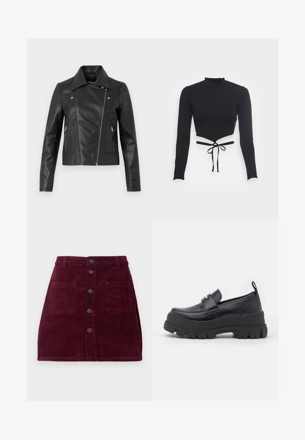 Zwarte leren cropped jas met een kraag, getailleerd ontwerp, naaddetails en ritsmanchetten. Gladde textuur, klassieke motorstijl.; Even&Odd by Zalando Longsleeve - black; Bordeaux corduroy rok met een hoge taille, vijf knopen aan de voorkant en twee zakken aan de voorkant; stoffen met textuur en verticale ribbels.; Zwarte leren loafer met dikke geribbelde zool, moc-toe stiksels, banddetail bovenaan en een trekband bij de hiel, zijaanzicht getoond.