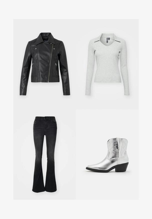 Zwarte leren cropped jas met een kraag, getailleerd ontwerp, naaddetails en ritsmanchetten. Gladde textuur, klassieke motorstijl.; Lichtgrijze lange mouwen V-hals top met een kraag, gemaakt van zachte, gestructureerde stof, voorzien van een aansluitend design en minimale details.; Zwarte flared jeans van denim, met een hoge taille, voorzakken, een knoopsluiting en een schone afwerking aan de zoom.; Zilveren leren cowboylaarzen met een spitse neus, gestikte details op de schacht en een gematigde zwarte hak. Gladde en glanzende oppervlakte.
