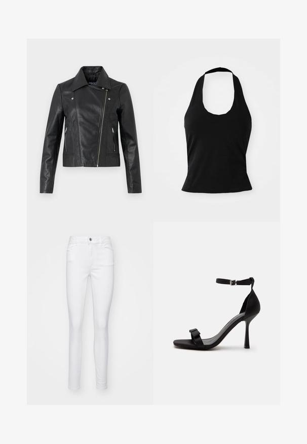 Schwarze Lederjacke im Cropped-Design mit Kragen, taillierter Passform, Nähdetails und Reißverschlussärmel. Glatte Textur, klassischer Motorradstil.; Schwarzes Halftertop aus weichem Stoff, mit einem U-Bootausschnitt und einer figurschmeichelnden Silhouette, glatter Textur und ohne sichtbare Muster.; Weiße, schmale Jeans aus Jeansstoff, mit einem Vorderknopfverschluss, fünf Taschen und einer glatten Textur des Stoffes.; Schwarze High-Heel-Sandale mit einem Knöchelriemen, einer silbernen Schnalle und einem Vorderfußriemen mit kleinem Schleifendetail.