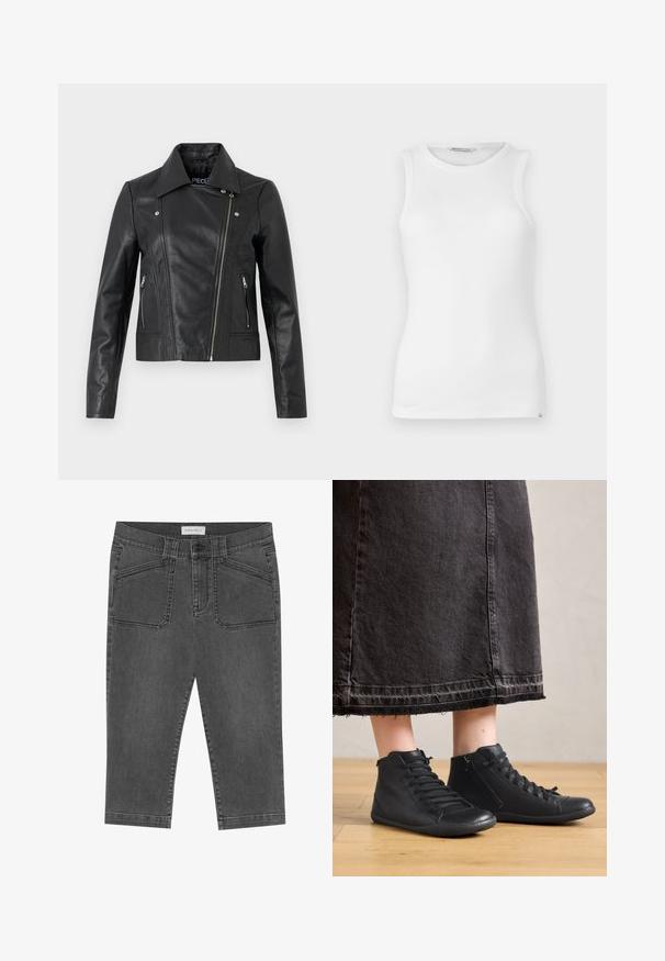 Veste cropped en cuir noir avec col, design ajusté, détails de couture et poignets zippés. Texture lisse, style classique de moto.; Débardeur blanc sans manches en tissu côtelé, avec un col rond, une texture lisse et une petite étiquette de marque sur la couture latérale inférieure.; Pantalons capri en denim gris au design ajusté, avec poches avant, fermeture à bouton et une texture légèrement usée.; Chaussures montantes en cuir noir avec une texture lisse, dotées de lacets et d'une fermeture éclair sur le côté. Portées avec une longue jupe en denim noire.