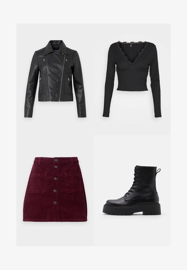 Sort læder cropped jakke med krave, tætsiddende design, syninger og lynlåse ved manchetterne. Glat tekstur, klassisk motorcykelstil.; ONLY ONLTALIA - Langærmet T-shirt - black; Burgunderfarvet kordfløjlsskjorte med høj talje, fem frontknapper og to forlommer; tekstureret stof med lodret ribbede mønster.; Sorte læder ankelstøvler med rund tå, snørebånd foran og en tyk gummisål med struktureret slidbane. Hæfteløkke bagpå.