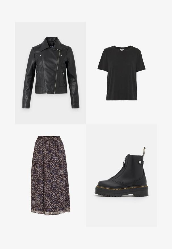 Veste cropped en cuir noir avec col, design ajusté, détails de couture et poignets zippés. Texture lisse, style classique de moto.; T-shirt noir uni à manches courtes et col rond, coupe décontractée, en tissu doux.; Jupe midi avec taille élastique, coupe ample et motif abstrait marron, beige et bleu marine.; Bottine noire en cuir lisse, dotée d'une fermeture éclair sur le côté, de coutures jaunes et d'une épaisse semelle en caoutchouc striée.