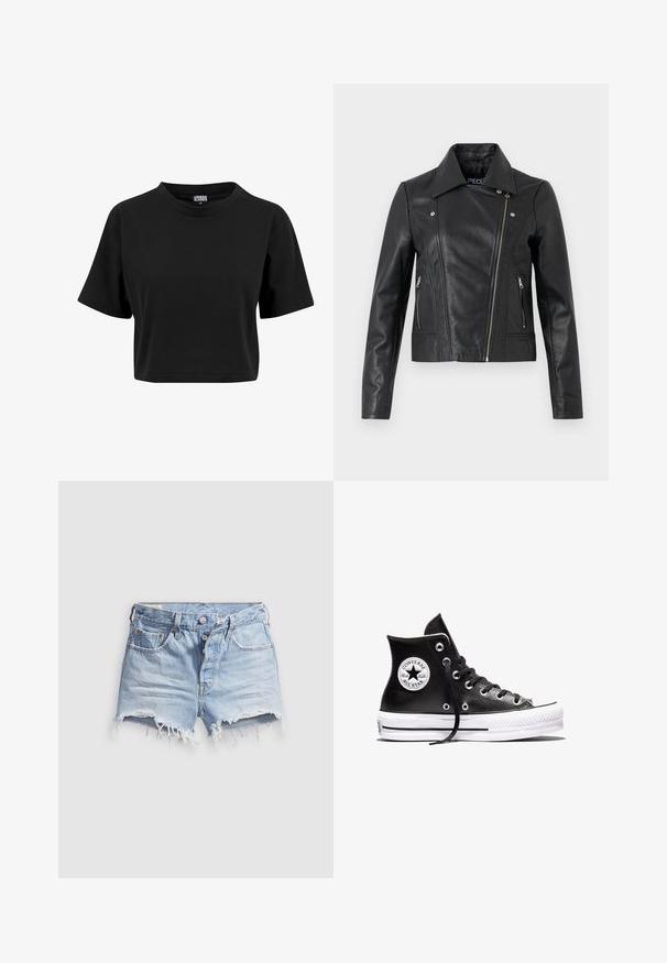 Veste cropped en cuir noir avec col, design ajusté, détails de couture et poignets zippés. Texture lisse, style classique de moto.; T-shirt noir court en coton, avec un col rond et des manches courtes, présentant une texture lisse et unie sans graphiques visibles.; Shorts en denim bleu clair avec bords effilochés, cinq poches et fermeture à boutons. La texture est douce avec un aspect légèrement usé.; Baskets montantes Converse Chuck Taylor All Star noires avec semelle en caoutchouc blanc et patch logo sur la cheville, présentées sur un fond blanc.