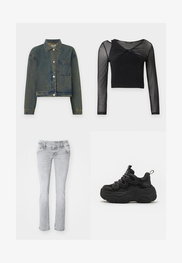 Afskåret denimjakke i mørkeblå med falmet tekstur, sølvfarvede trykknapper og en brystlomme med et logopatch.; Sort crop top med lange ærmer, øverste del af bryst, skuldre og ærmer lavet af gennemsigtigt netstof, med en snoet detalje foran ved halsudskæringen.; Grå denim jeans med slim fit, der har to-knaps lukning, forlommer og let slidte kanter. Blød tekstur, lige ben-design.; Sorte sneakers med en chunky design, der har en tekstureret overdel, mesh-paneler og tyk gummisål. Reflekterende snørebånd og branddetaljer er synlige.