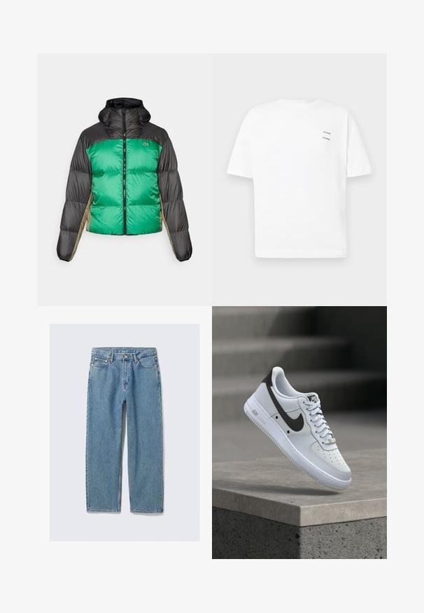 Puffjakke med grønne for- og sorte skuldre samt beige sidepaneler. Den har en høj krave, fuld lynlås og polstret tekstur.; Hvid bomulds t-shirt med en afslappet pasform, korte ærmer og V-udskæring. Har to små sorte trykte logoer på venstre side.; Lyseblå jeans med lige ben, forlommer, bæltestropper og knaplukning på ensfarvet baggrund.; Hvid Nike Air Force 1 sneaker med sort swoosh-logo, svævende over en betonforkant med slørede trapper i baggrunden.